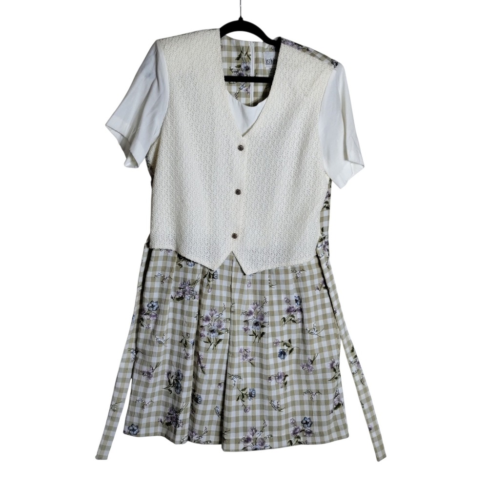Vintage Just In Thyme Ltd Gingham Floral Skort Romper Sage Green Cream Size 14